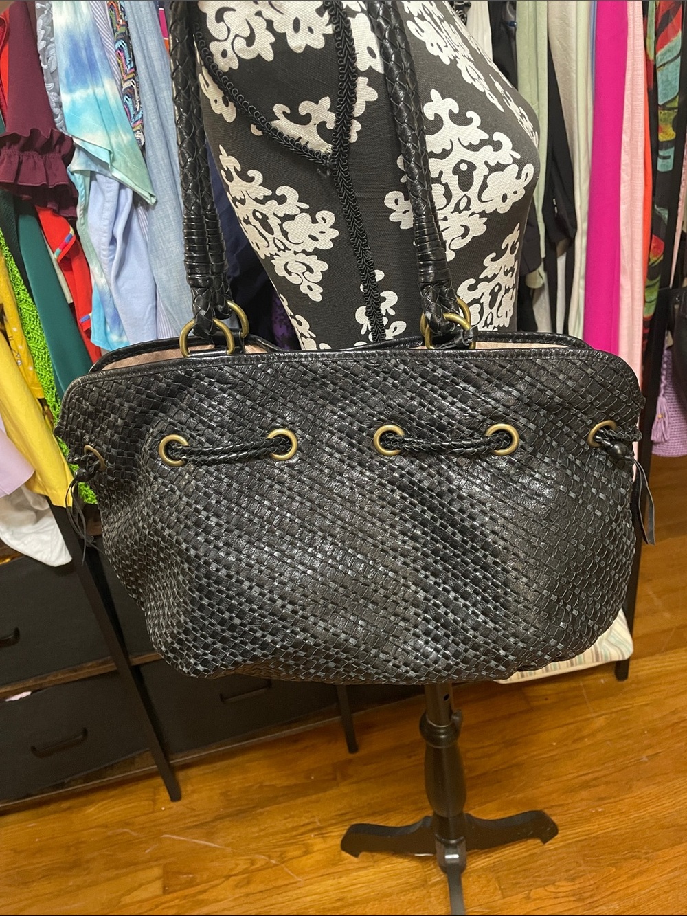 The Sak Black Woven Tote with Gold-Tone Grommets